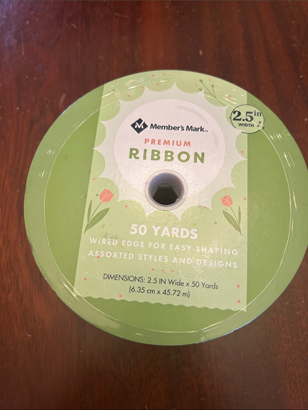 Members Mark Green pink Premium Ribbon - 2.5in x 50 Yards Wired Edge NWT
